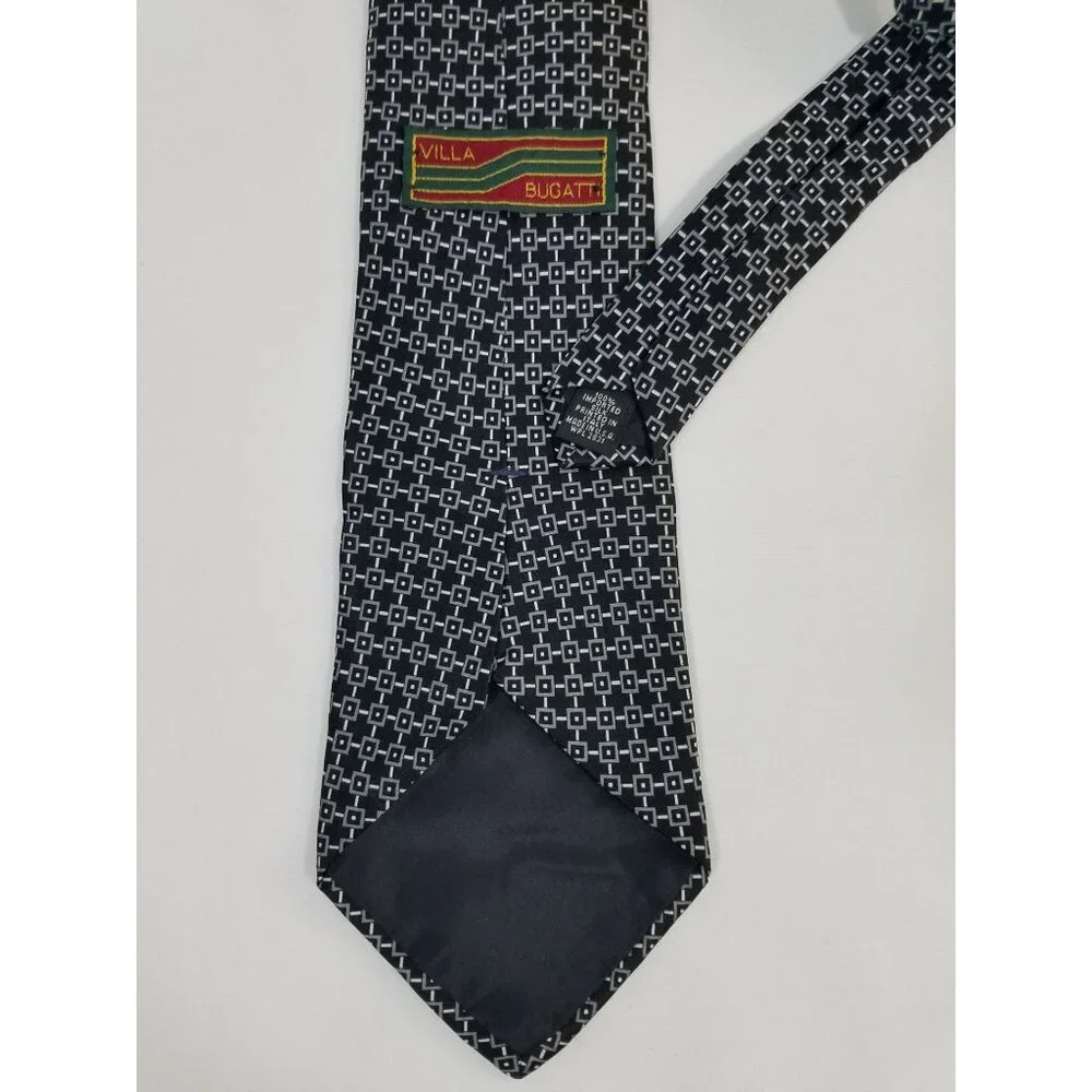 Villa Bugatti Mens Tie Navy Blue Geometric Checks 100% Silk 4
